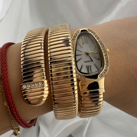 New Classic Serpentine Gold Snake Coil Wrap Crystal-Embellished Statement Watch main image 6